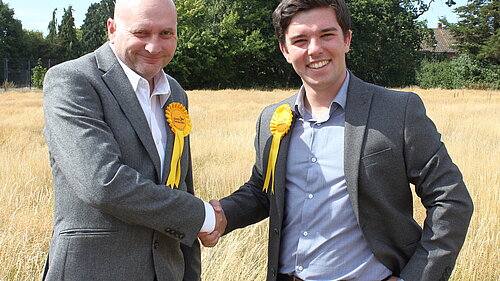 Jon Tandy being welcomed to the Liberal Democrats by Alex Wagner